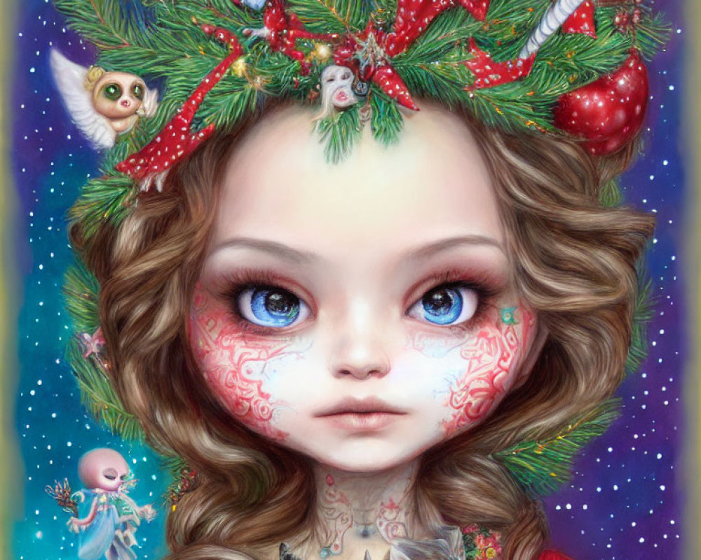 Festive Christmas girl with expressive eyes and face paint in starry setting