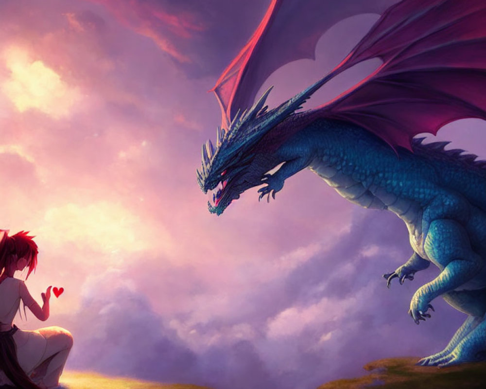 Person kneeling before large blue dragon under dramatic purple sky
