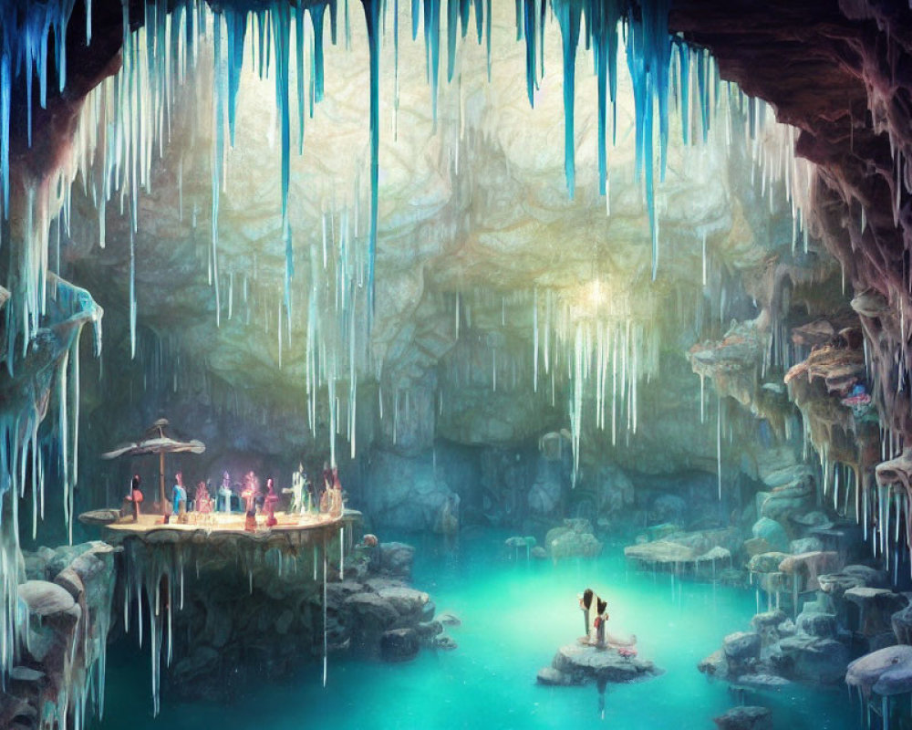 Mystical underground cave with glowing crystals, stalactites, serene lake, and people around banquet