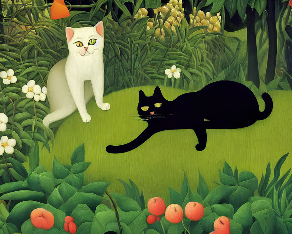 Digital Artwork: White Cat Standing, Black Cat Stretching on Colorful Floral Background