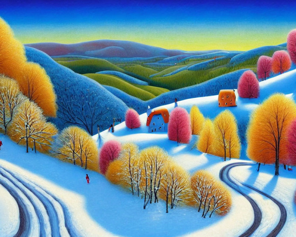 Colorful Winter Landscape with Rolling Hills and Snow-Covered Paths
