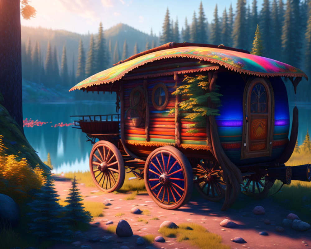 Vibrant caravan with stained glass windows by forest lake at sunset