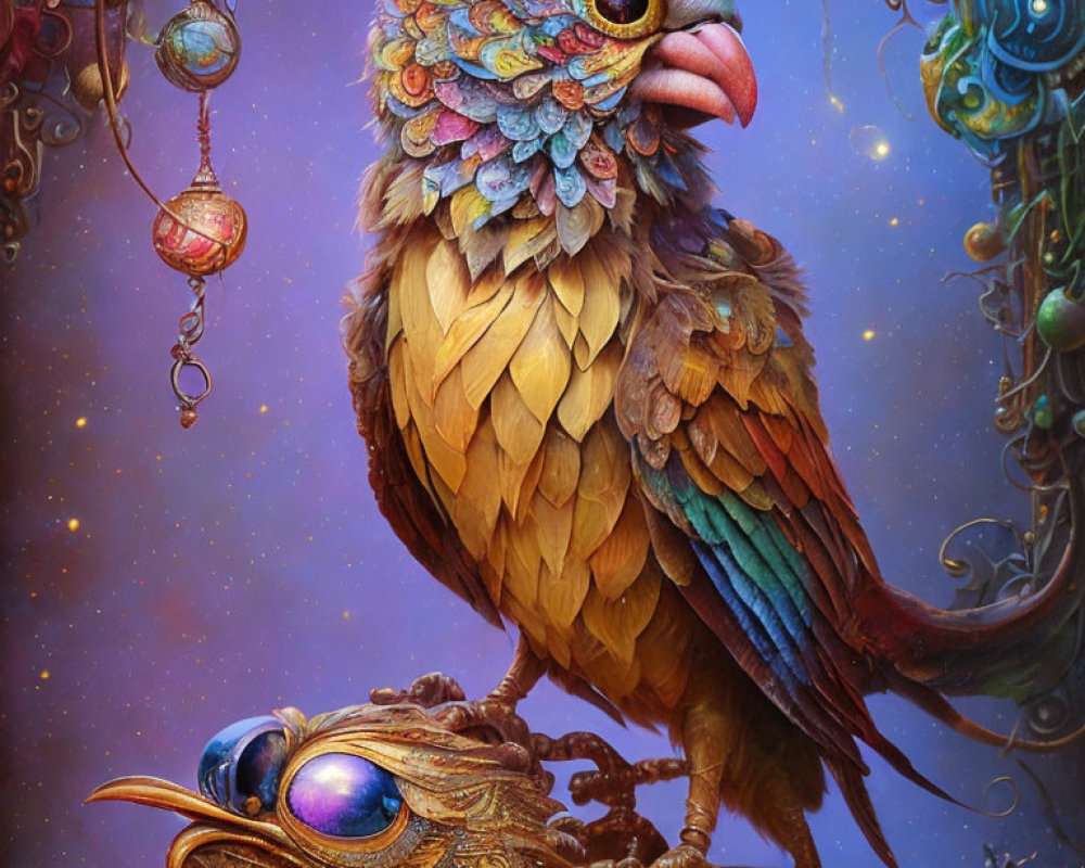 Colorful Fantasy Bird Perched on Ornate Base in Starry Background
