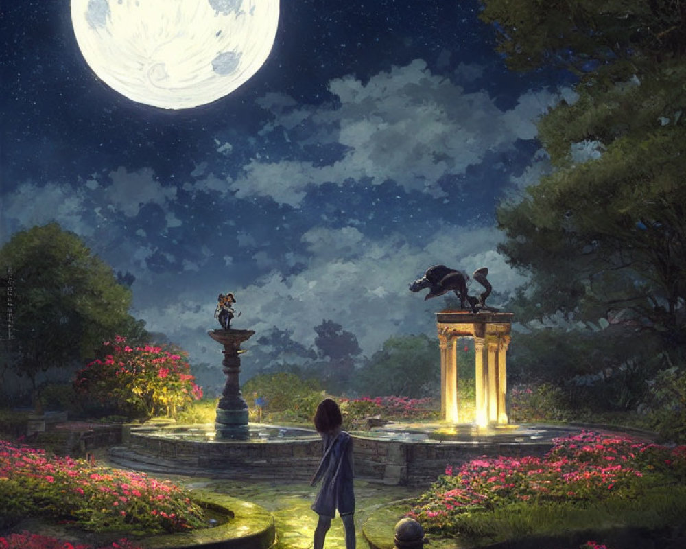 Child gazes at moonlit ancient fountain in garden pathway surrounded by statues and blooming pink flowers.