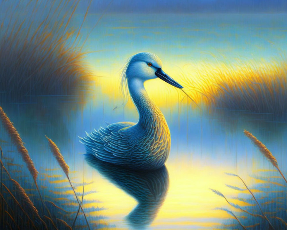 Tranquil digital artwork of blue duck in serene waters at dawn or dusk