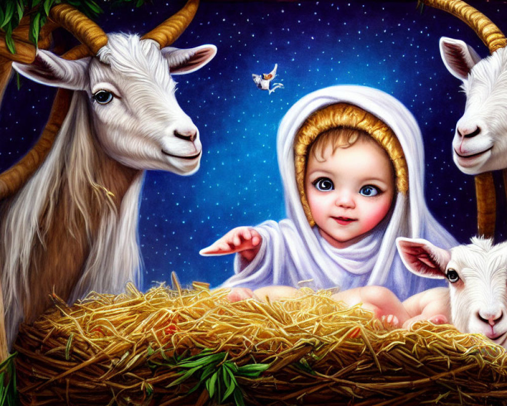 Colorful Nativity Scene with Baby, Goats, and Lamb under Starlit Sky