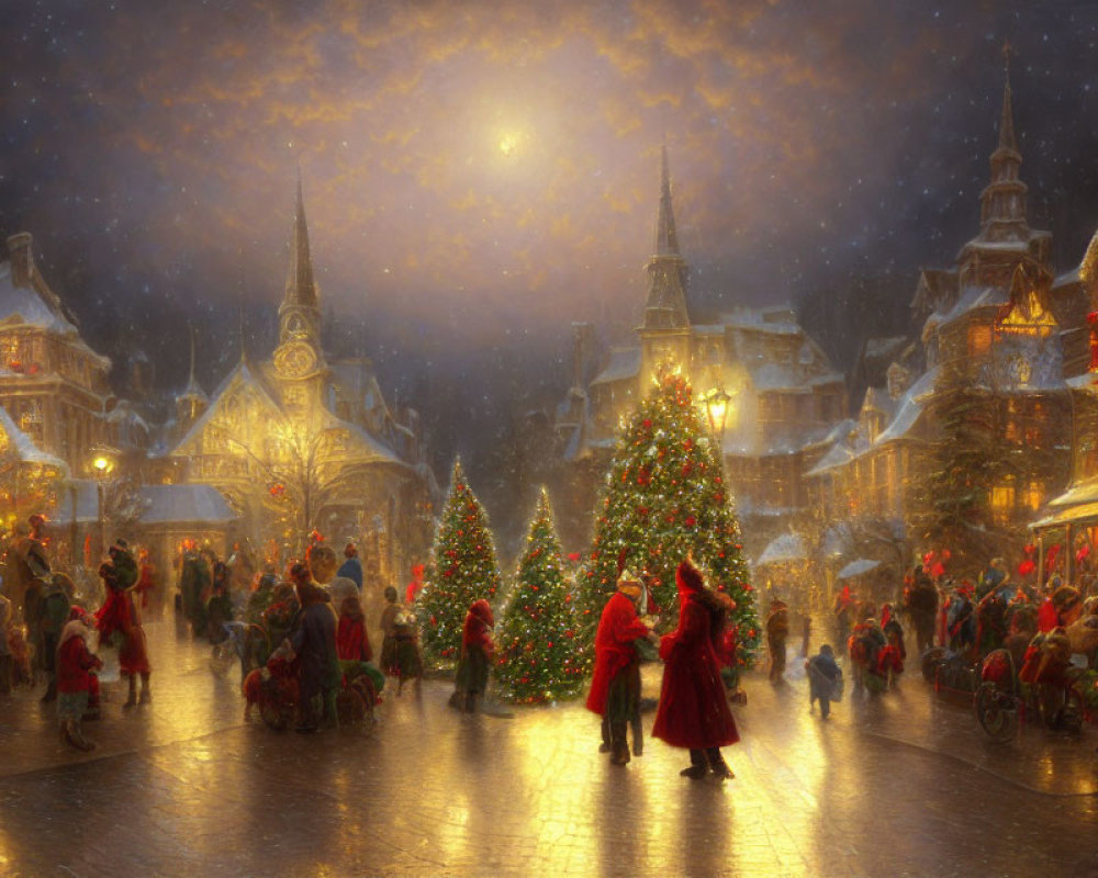 Night Holiday Market with Christmas Trees, Lights, Snowfall
