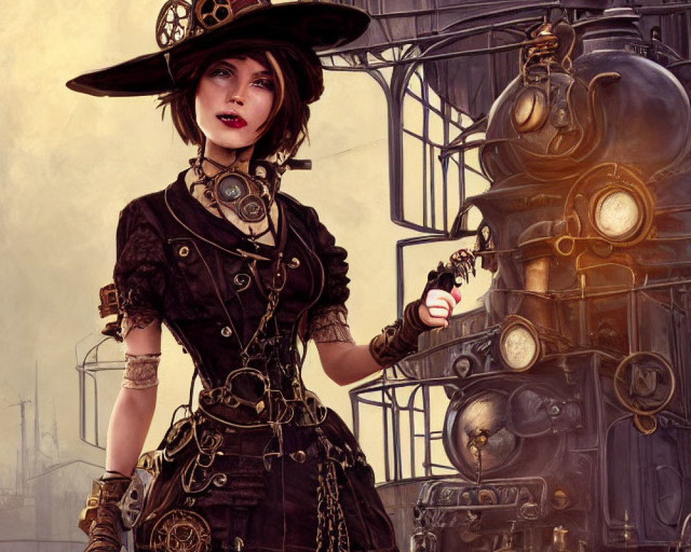 Elaborately dressed woman in steampunk attire with top hat and goggles holding a device