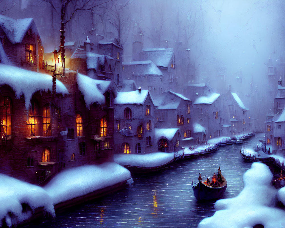 Snow-covered medieval buildings and canal in enchanting winter scene