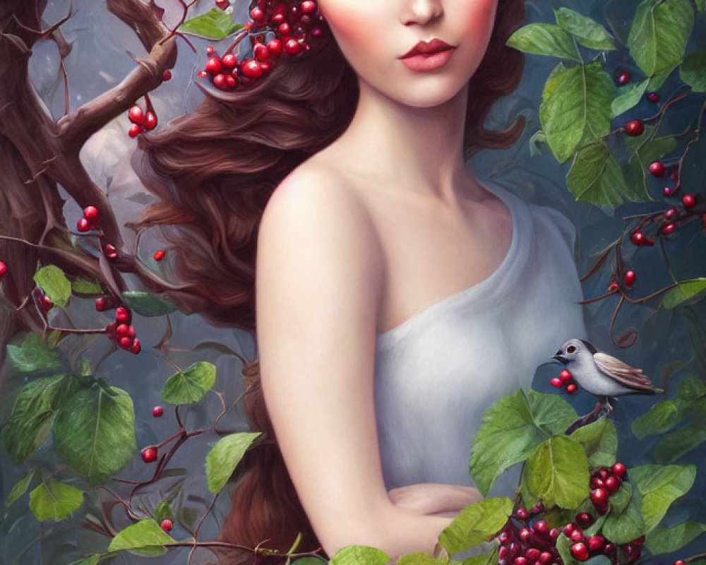 Illustrated woman with flowing hair among berry-laden branches and a small bird - serene fairy-tale