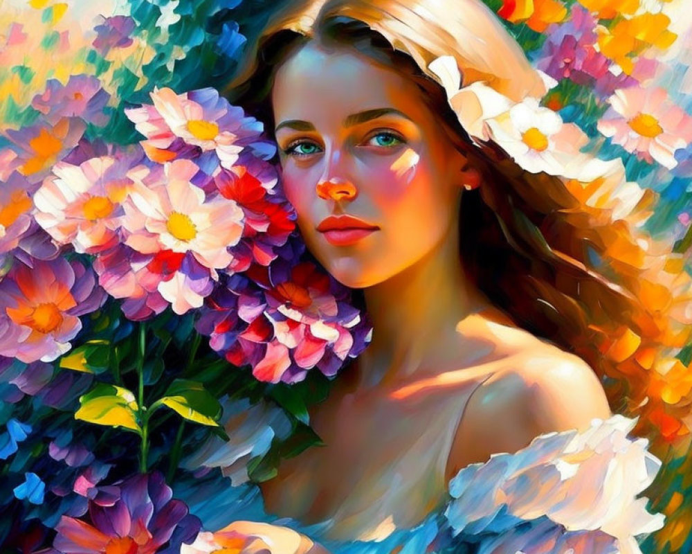 Colorful Impressionistic Painting of Woman with White Flower in Hair