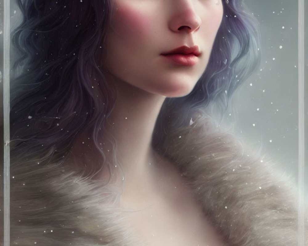 Portrait of woman with blue-violet hair, blue eyes, jeweled crown, white fur cloak,