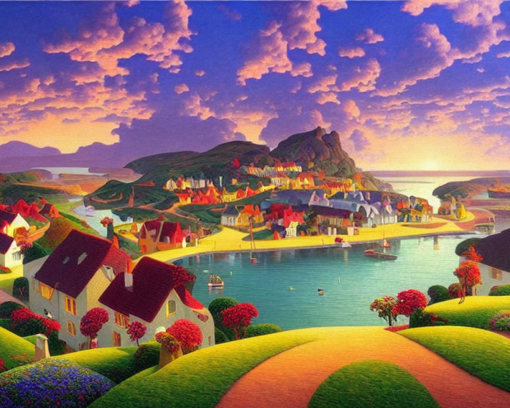 Colorful seaside village painting with rolling hills and vibrant sunset sky
