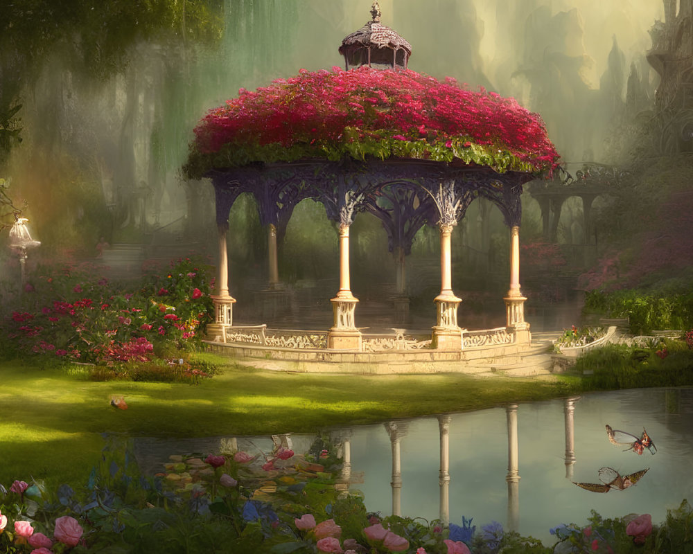 Ornate Gazebo with Pink Flowers in Tranquil Garden