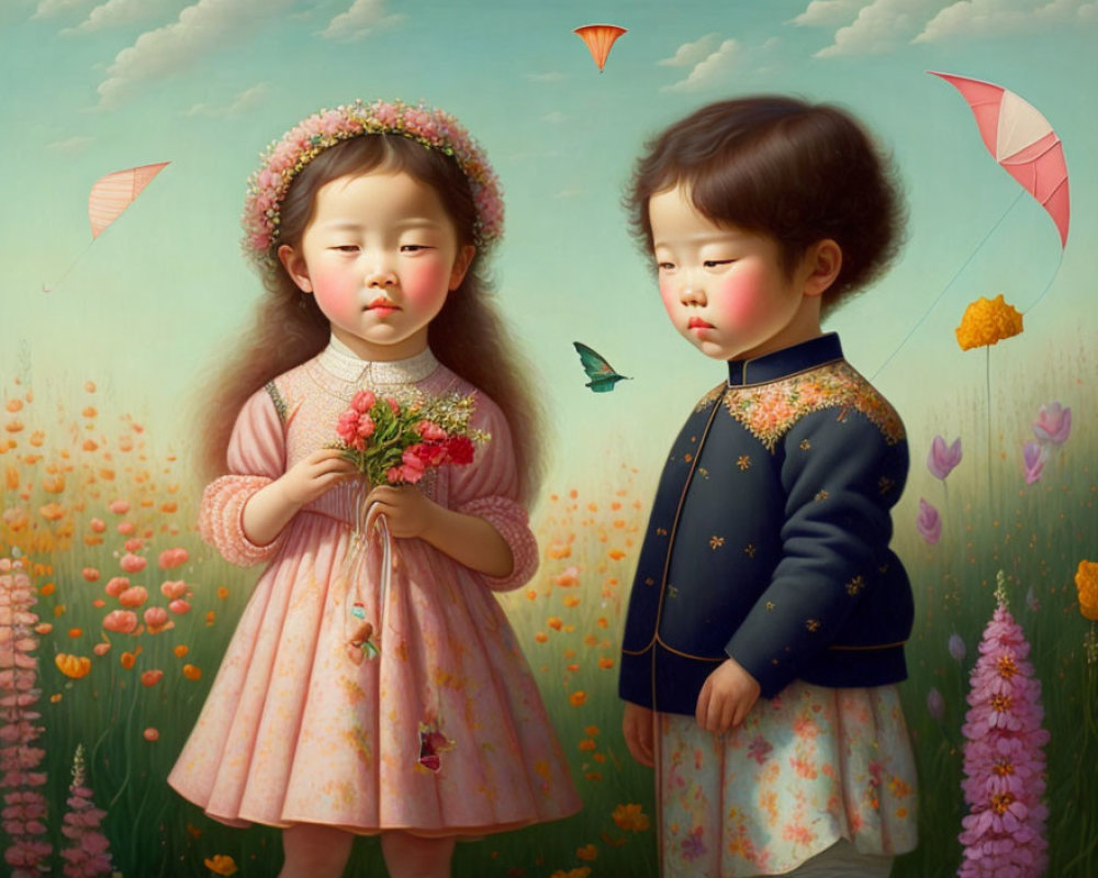 Stylized children in surreal landscape with flowers and kites