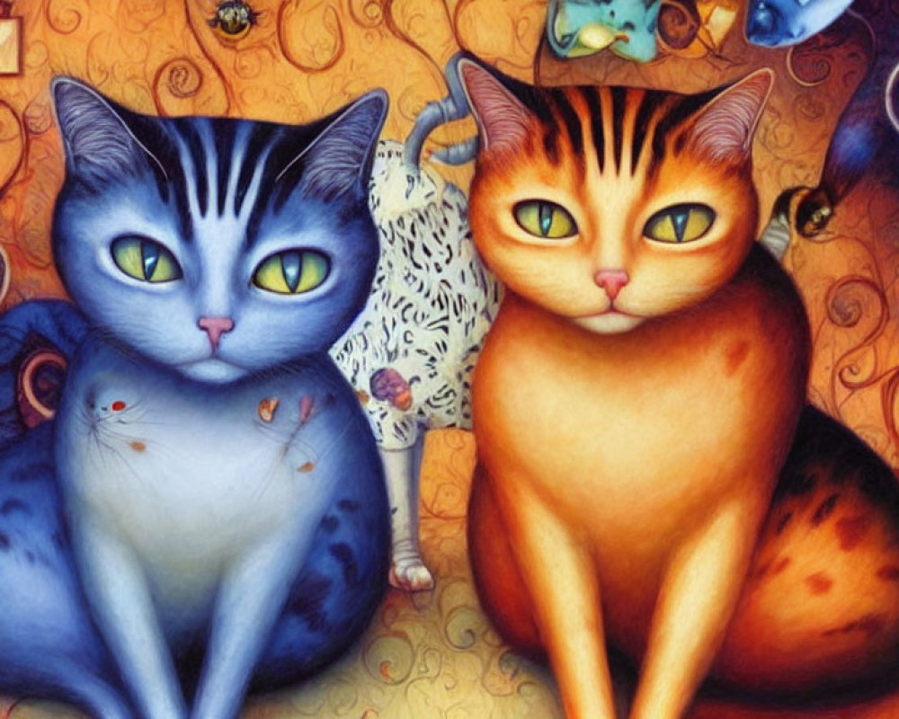 Vibrant Stylized Cats Artwork: Blue and Orange Felines with Whimsical Details