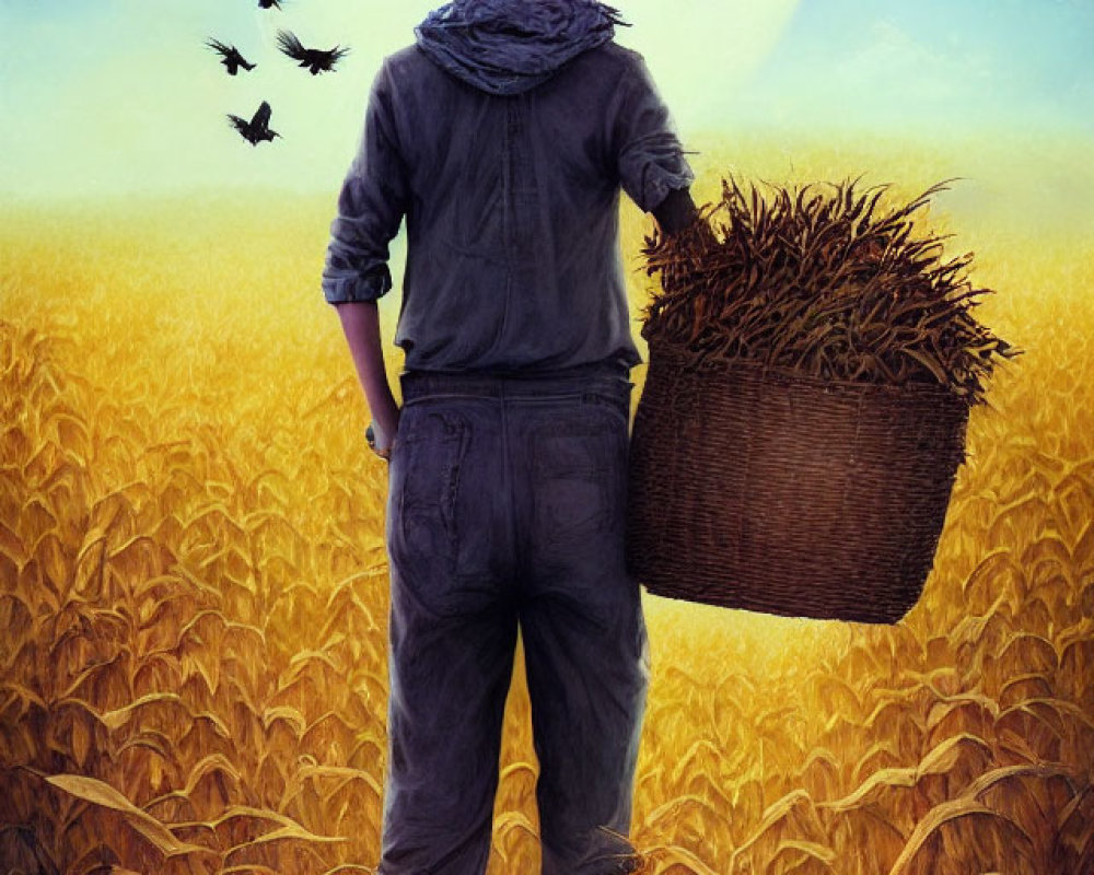 Young boy in hat with basket in wheat field, crows and full moon.