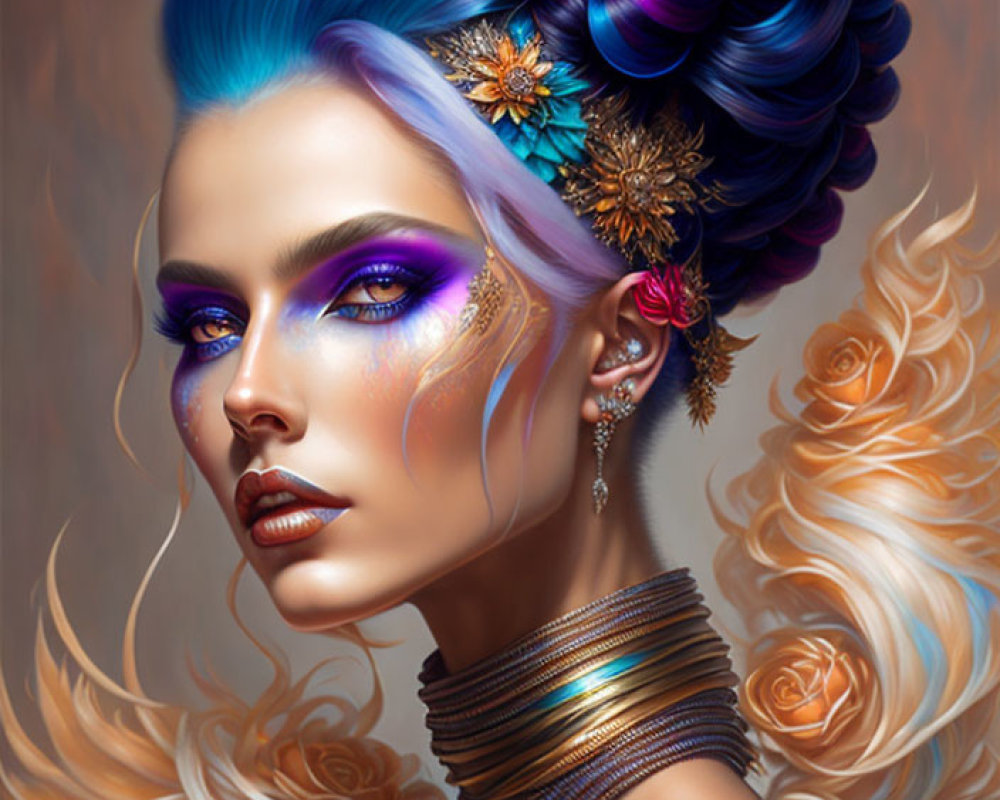 Vibrant blue hair woman with golden accessories and purple eyeshadow