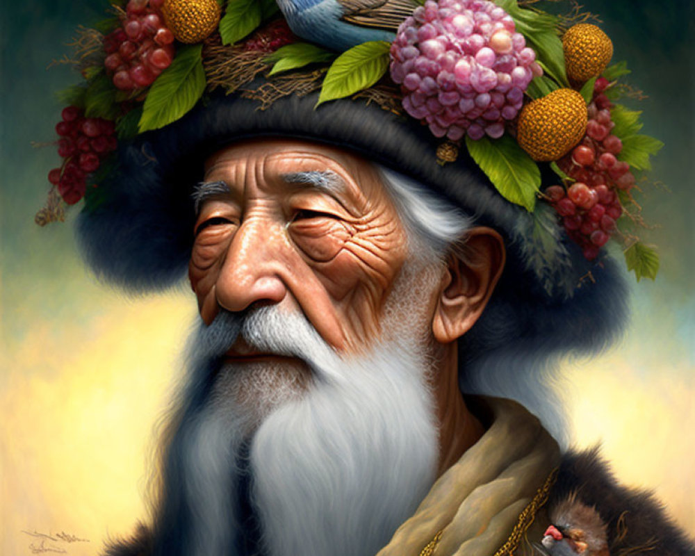 Serene elderly man with wreath of berries and bird perched on head