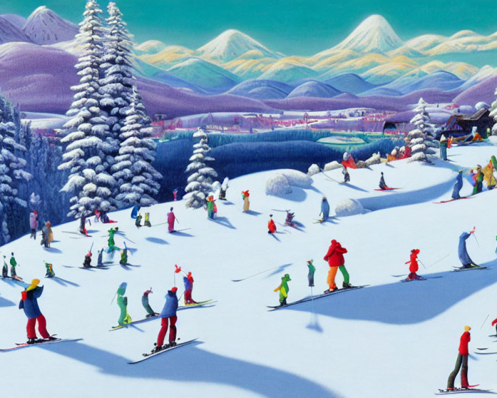 Vibrant skiers on snowy slopes with mountain backdrop
