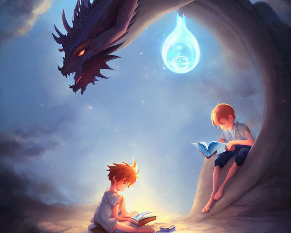 Children reading in a cave with friendly dragon and magical light