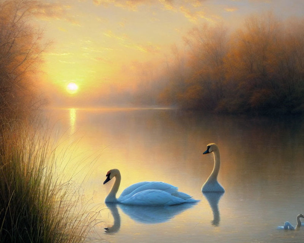 Tranquil image of swans and cygnet on misty river at sunrise