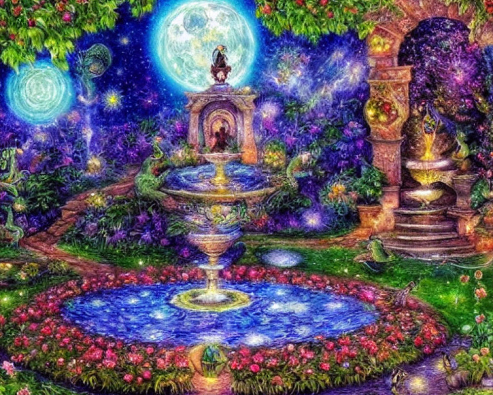 Mystical night garden with glowing moon, fountain, and lush greenery