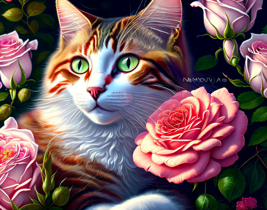 Illustration of striped cat with green eyes among pink roses in serene setting