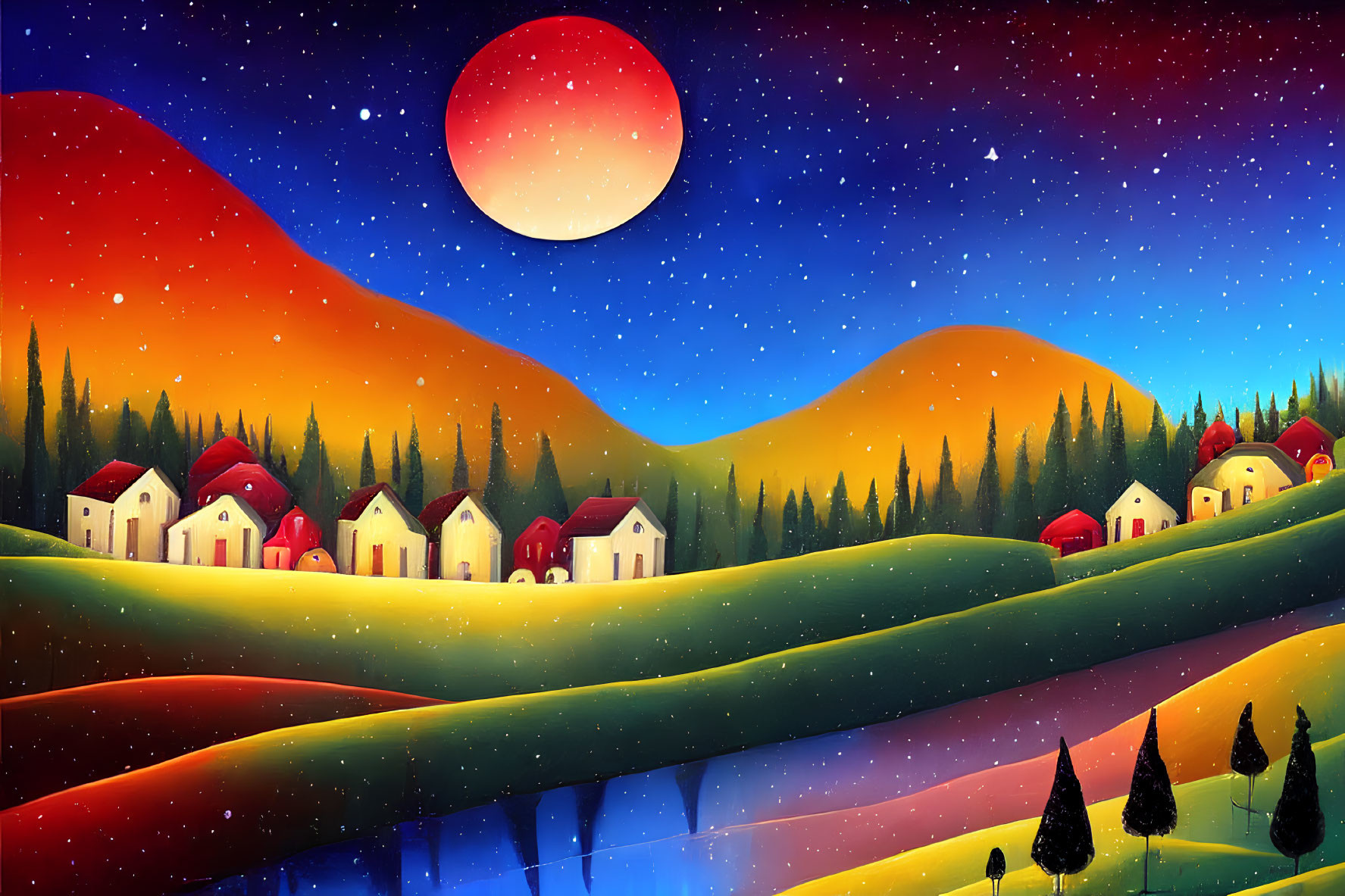 Colorful houses and moon in surreal landscape with stars and reflective lake