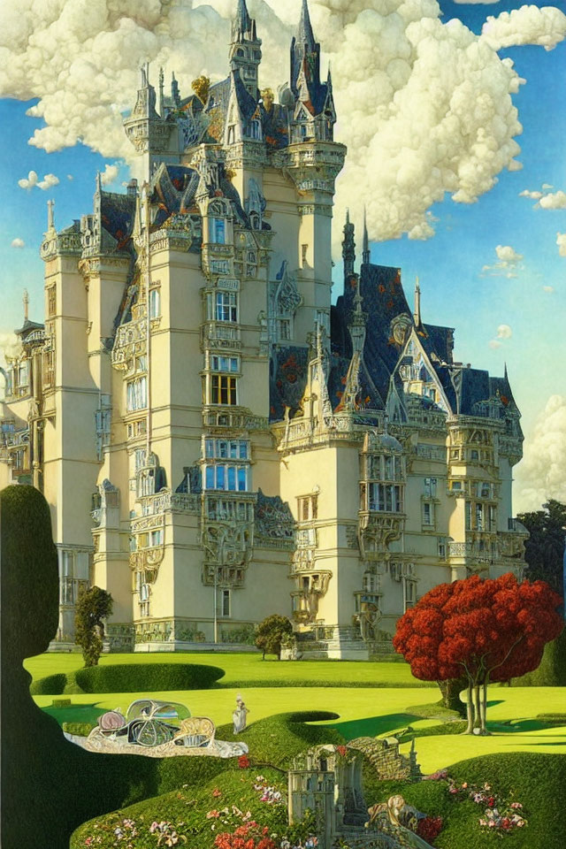 Fairytale castle with spires, gardens, carriage, and couple under blue sky