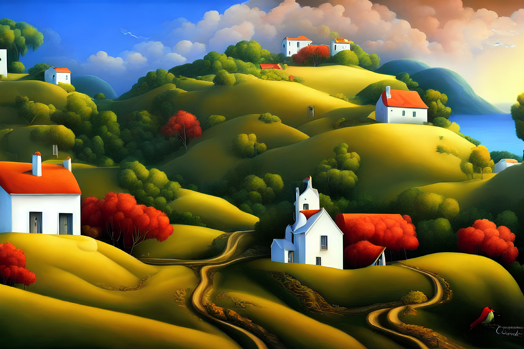Colorful landscape painting with rolling hills, white houses, red trees, and winding paths under a blue