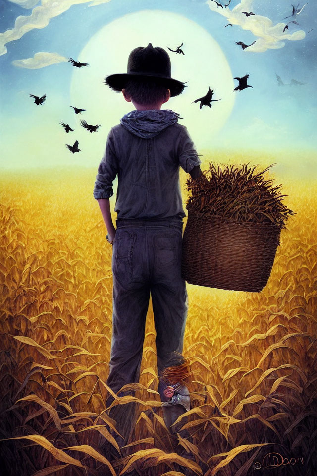 Young boy in hat with basket in wheat field, crows and full moon.
