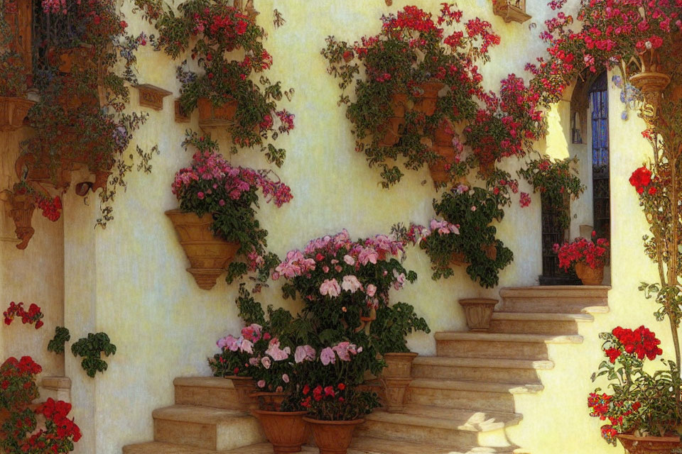 Sunlit stairway with vibrant flowers and plants on old wall