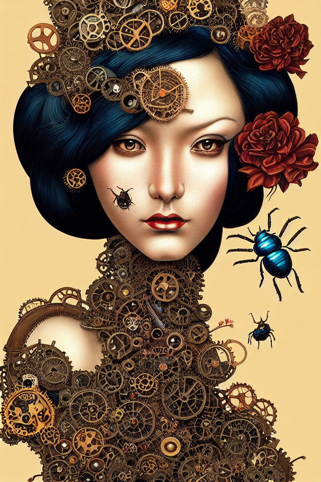 Artistic portrayal of woman with blue hair, mechanical gears, flowers, and metallic beetle
