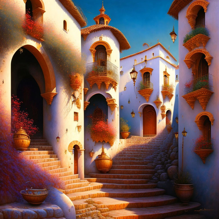 Tranquil sunlit stairway amidst terracotta buildings and vibrant flowers