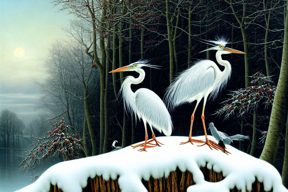Two herons on snow-covered stump in serene winter scene