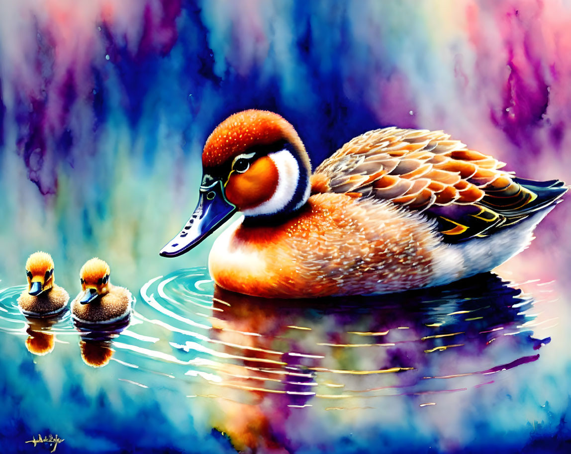 Colorful Duck and Ducklings Illustration on Reflective Water
