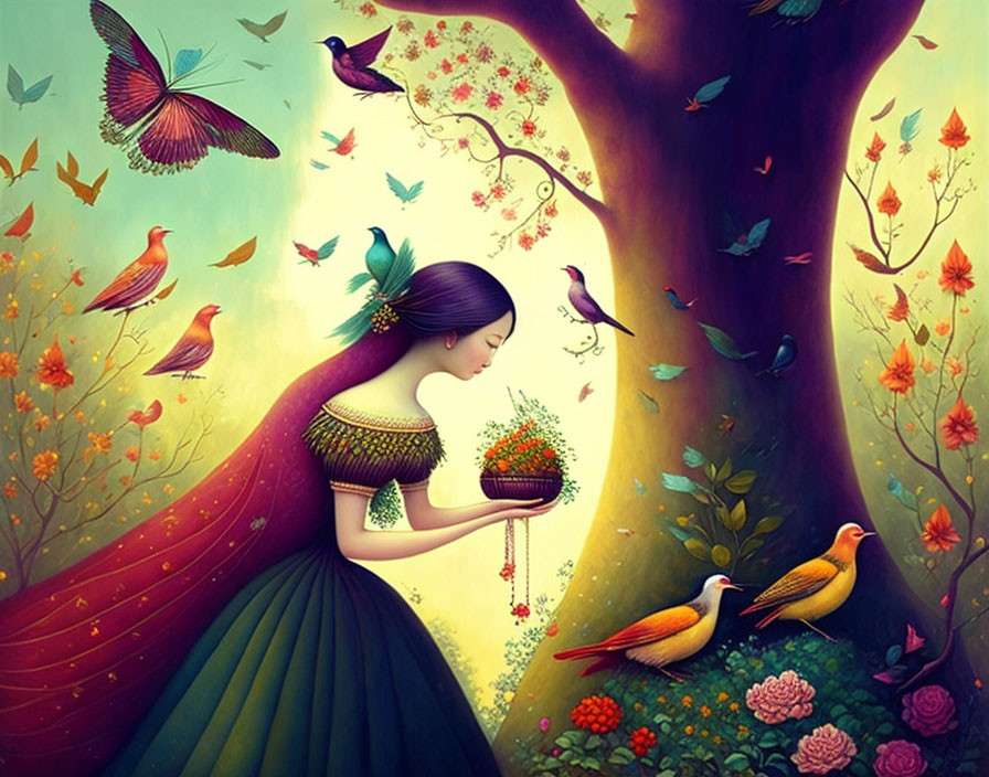 Colorful nature scene with woman, bird feeder, tree, birds, and butterflies