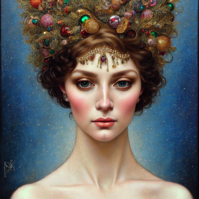 Portrait of woman with holiday-themed hair and glowing skin against starry backdrop