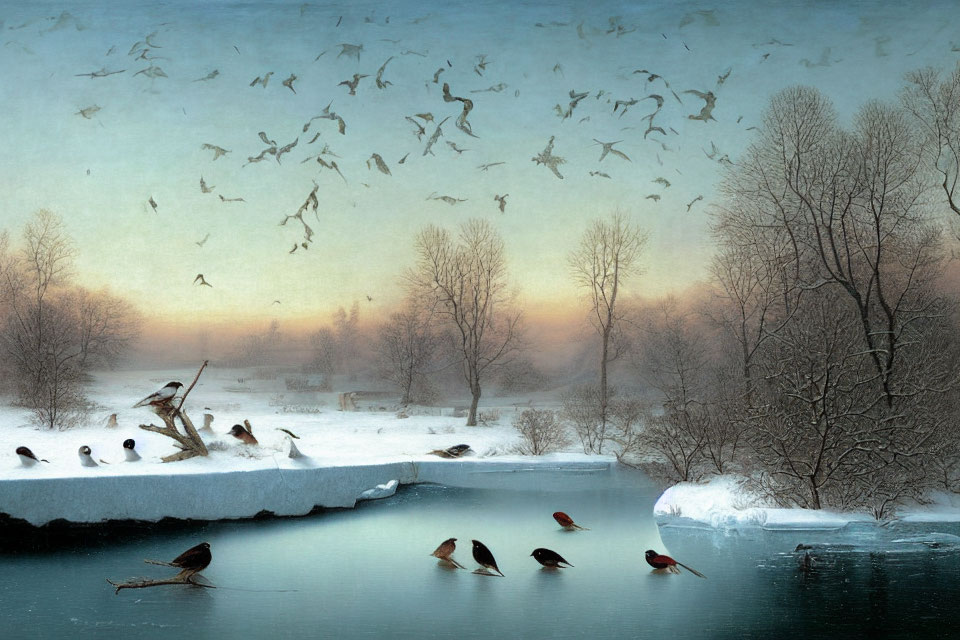 Winter landscape: birds flying over frozen river at dusk