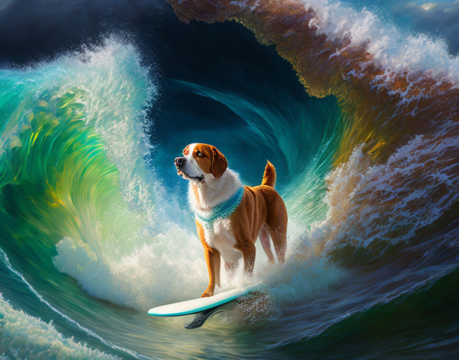 Brown and white dog surfing on a big ocean wave