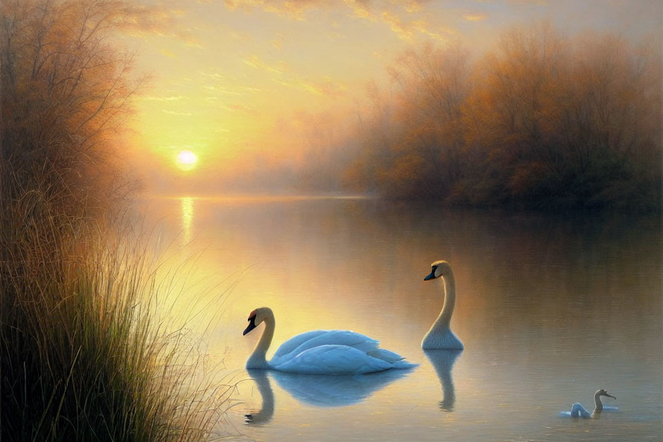 Tranquil image of swans and cygnet on misty river at sunrise