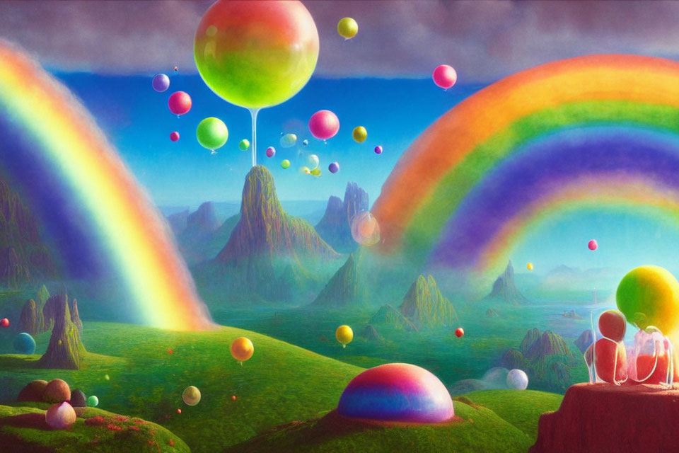 Colorful fantasy landscape with rainbows, balloons, and whimsical shapes
