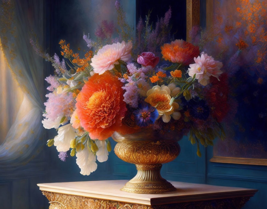 Colorful Flower Bouquet in Golden Vase on Soft Backdrop