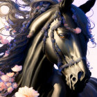Black horse with pink blossoms and ornate bridle on pastel background