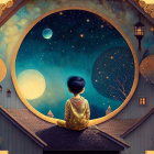 Child gazes at star-filled sky through circular frame amidst whimsical setting