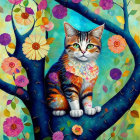 Colorful Cat Painting with Rainbow Hues on Starry Night Sky & Flowers