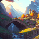 Scenic fantasy village with stone houses, bridge, waterfall, mountains