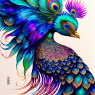 Vibrant peacock illustration with blue, green, and purple plumes