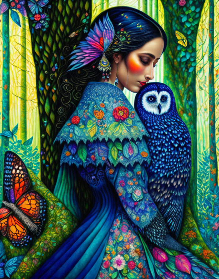 Colorful Woman with Butterfly-Winged Owl in Enchanted Forest